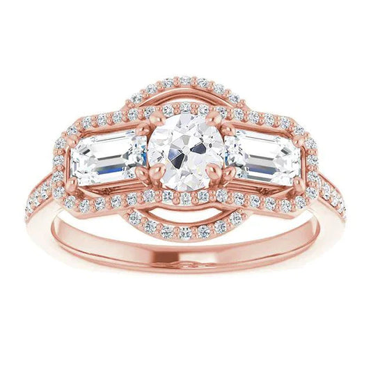 Halo Emerald & Round Old Cut Natural Diamond Ring 7.25 Carats Ladies Jewelry