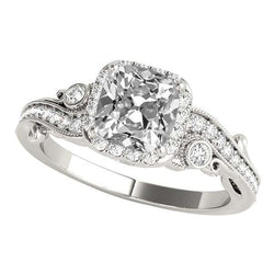Halo Engagement Ring Cushion Old Miner Real Natural Earth Mined Diamond 8 Carats Milgrain Shank