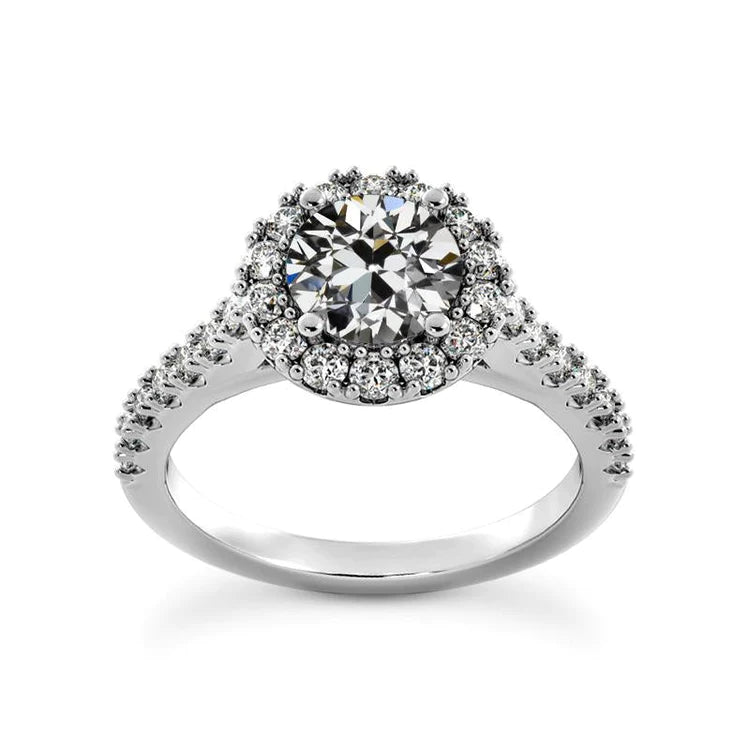 Halo Engagement Ring Round Old Mine Cut Genuine Diamond 14K Gold 4.50 Carats