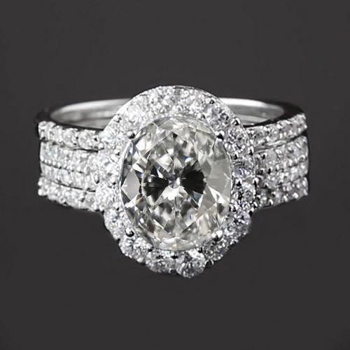 Halo Engagement Ring Set Oval Old Miner Genuine Diamond 14K Gold 5.50 Carats