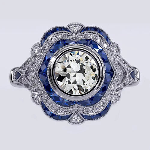 Halo Gemstone Old Miner Bezel Set Real Diamond Sapphire Ring 3.50 Carats