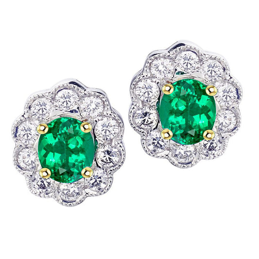 Emerald Oval Gemstone Earring in 14 Karat Two Tone Gold – main view