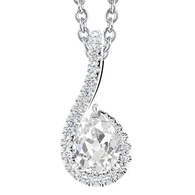 Halo Genuine Diamond Pendant Necklace 4 Carats Pear Old Cut Slide Gold Jewelry