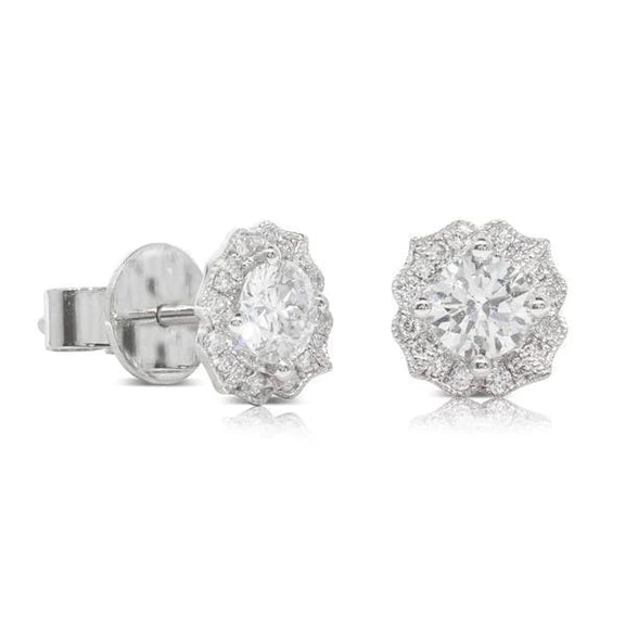 Halo Ladies Stud Earrings 2.80 Carats Round Genuine Diamond White Gold 14K