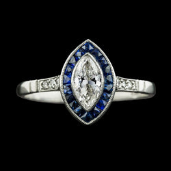 Halo Marquise Real Old Cut Natural Earth Mined Diamond & Trapezoid Sapphire Ring 3.50 Carats