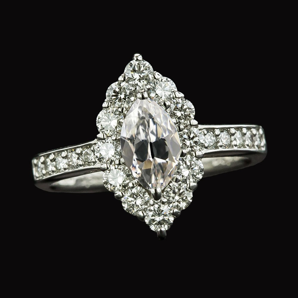 Halo Marquise Real Old Mine Cut Diamond Ring With Accents 4.25 Carats