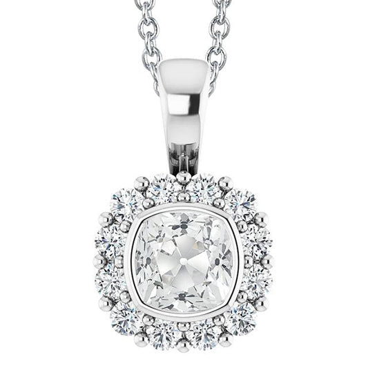 Halo Natural Diamond Pendant Bezel Set Round & Cushion Old Miner 7.50 Carats