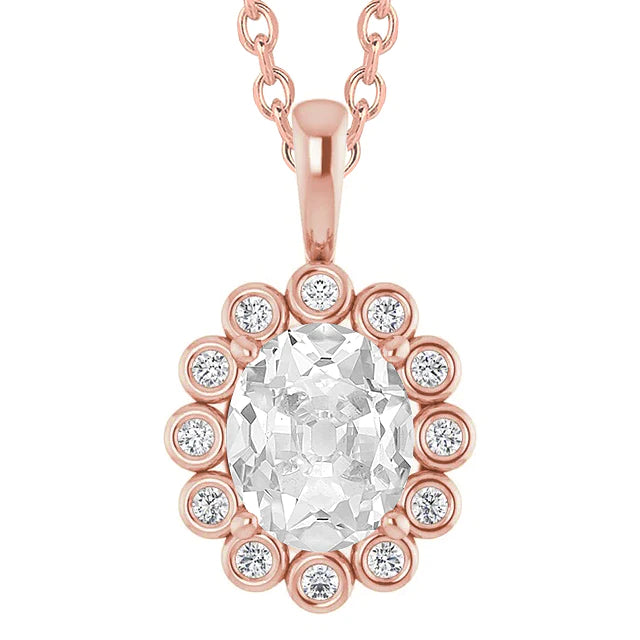 Halo  Natural Diamond Pendant Oval Old Mine Cut Bezel Set 6.50 Ct Flower Style