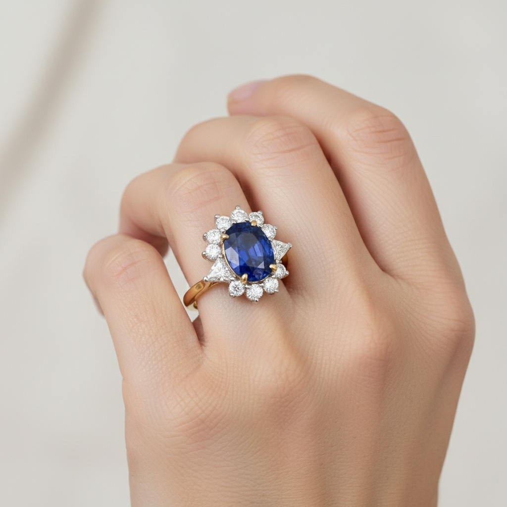 natural round sapphire 4.25ct ring on white background