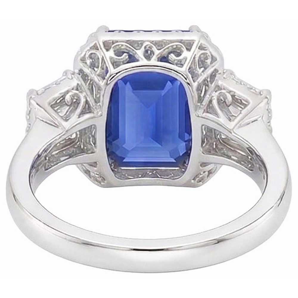 Halo Natural Earth Mined Diamond ( Not Lab Grown ) Ring Trapezoid & Round Accents 4 Carats Deep Blue Sapphire