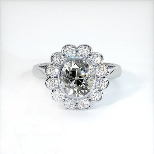 Halo Old Cut Cushion Real Diamond Ring Bezel Set 3.50 Carats Flower Style