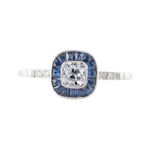 Halo Old Cut Cushion Real Diamond & Trapezoid Sapphire Ring 2.75 Carats