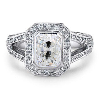 Halo Old Cut Radiant Real Diamond Ring Bezel Set 2.50 Carats Split Shank