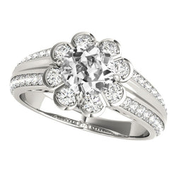 Halo Old Cut Real Round Natural Earth Mined Diamond Ring Flower Style 5 Carats Tapered Shank