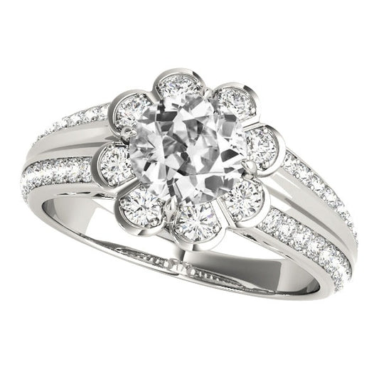 Halo Old Cut Real Round Diamond Ring Flower Style 5 Carats Tapered Shank