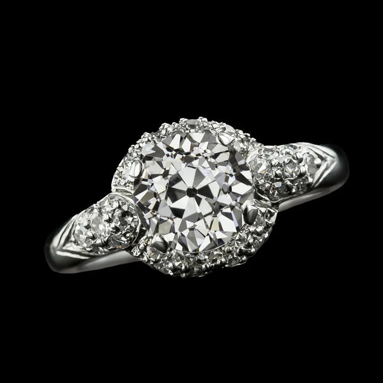 Halo Old Cut Round Real Diamond Ring 3 Carats Ladies Gold Jewelry