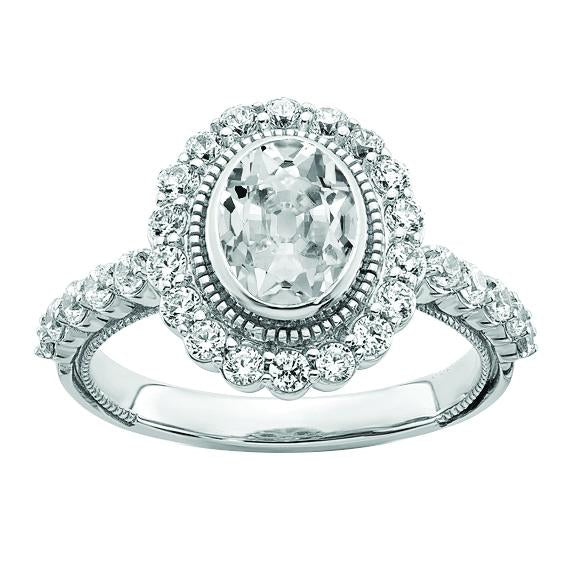 Halo Oval Old Cut Genuine Diamond Ring Bezel Flower Style 5.50 Carats Milgrain