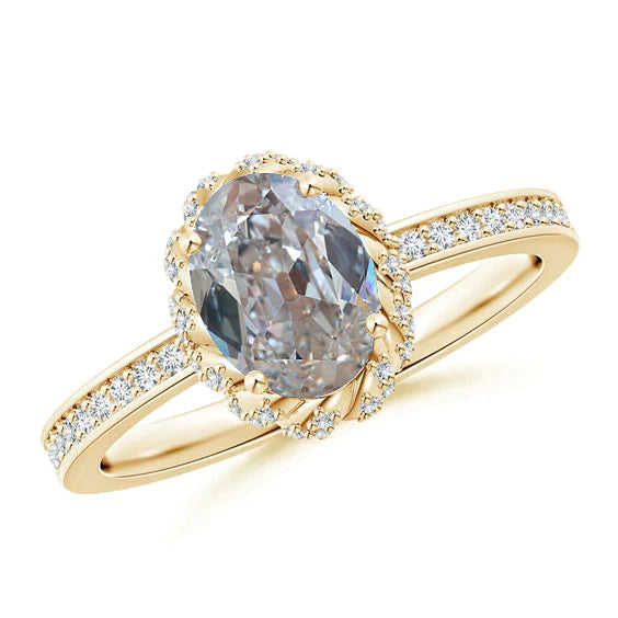 Halo Oval Old Mine Cut Real Diamond Ring 2.65 Carats Accented Yellow Gold