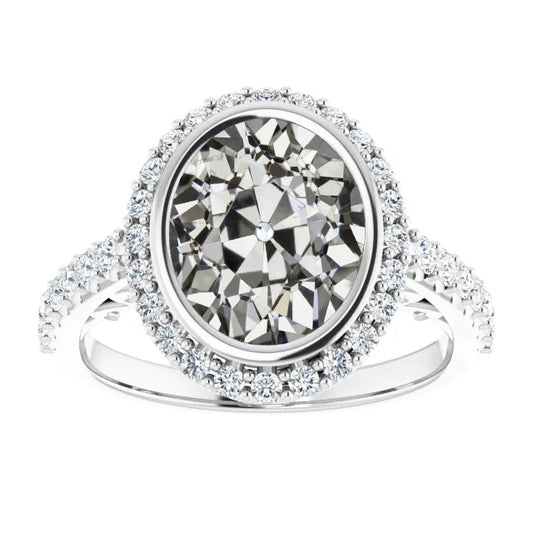 Halo Oval Old Mine Cut Real Diamond Ring Bezel Set 9.50 Carats