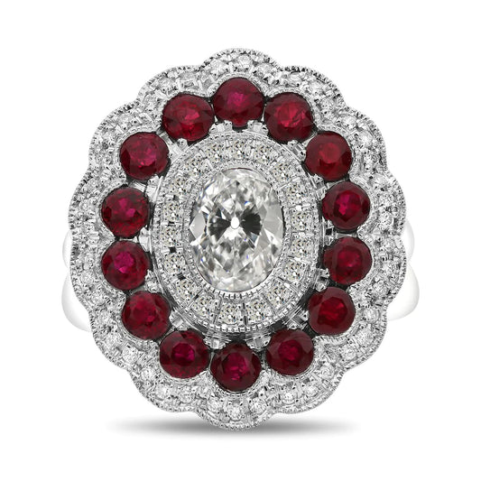 Halo Oval Old Mine Cut Real Diamond & Ruby Wedding Ring 12 Carats