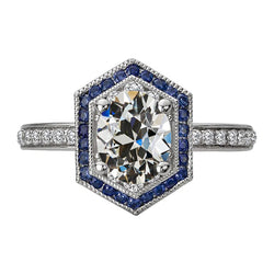 Halo Oval Old Miner Real Natural Earth Mined Diamond & Round Blue Sapphires Ring 7 Carats