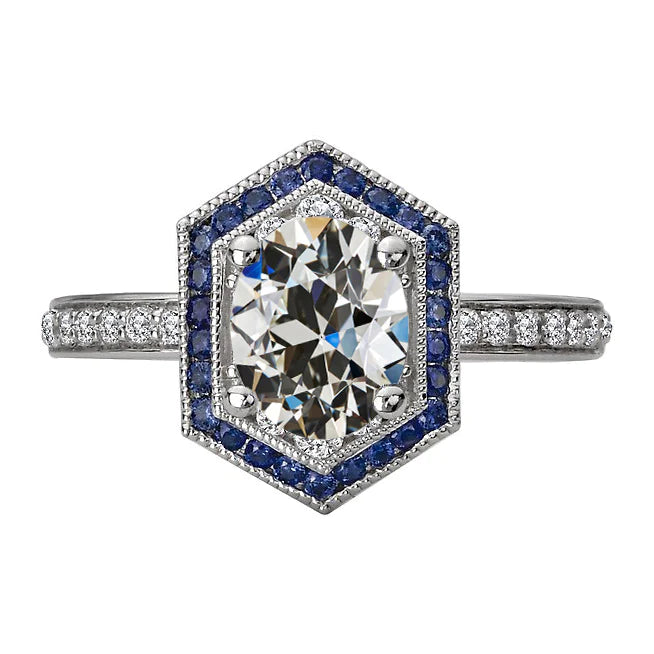 Halo Oval Old Miner Real Diamond & Round Blue Sapphires Ring 7 Carats