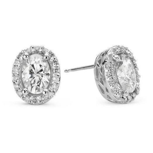 Halo Oval Real Diamond Studs Earring 3 Carats White Gold 14K