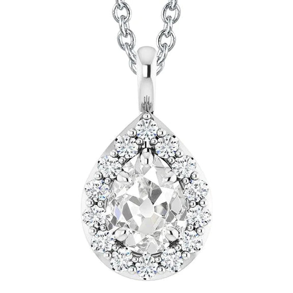 Halo Pear Old Cut Genuine Diamond Pendant 4.50 Carats white Gold 14K