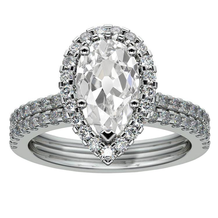 Halo Pear Old Miner Natural  Diamond Engagement Ring Set 5.75 Carats Pave Set