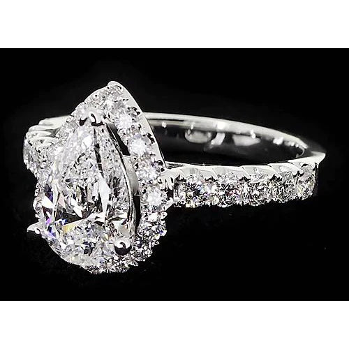 Halo Pear Real Diamond Anniversary Ring 2.75 Carats White Gold 14K