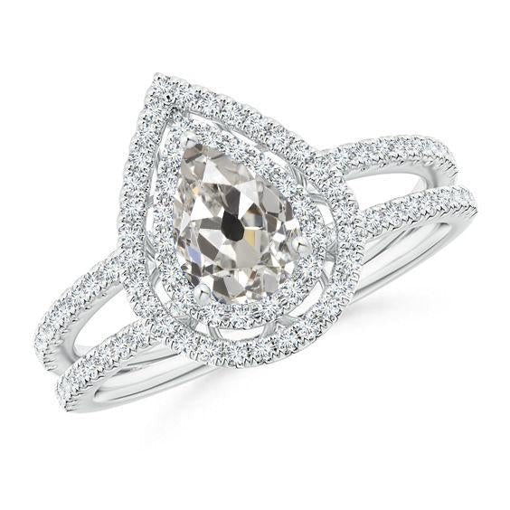 Halo Pear Real Diamond Engagement Ring 2.50 Carats Old Cut Split Shank - Halo Ring-harrychadent.ca