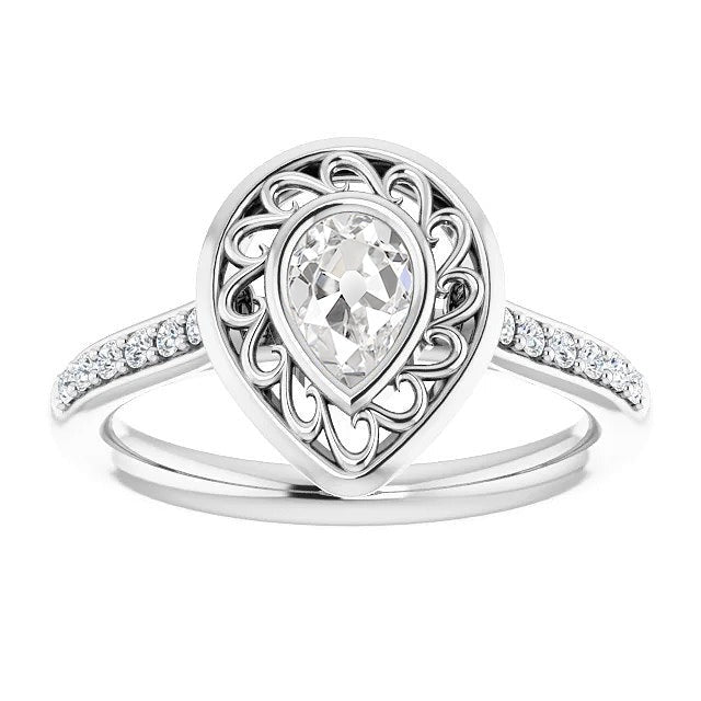 Halo Pear Real Old Cut Diamond Ring With Accents Bezel Set 2.50 Carats