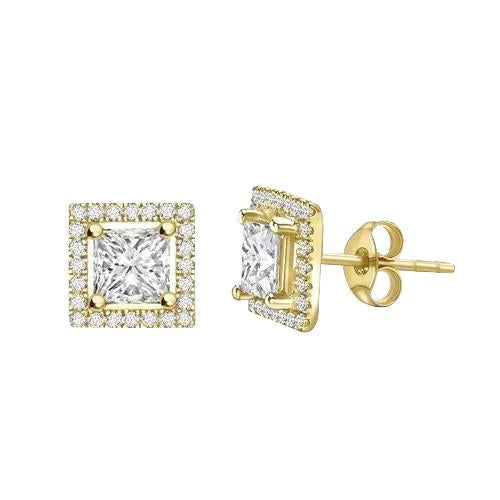 Halo Princess & Round Natural Diamond Stud Earrings 3.40 Ct. Yellow Gold 14K