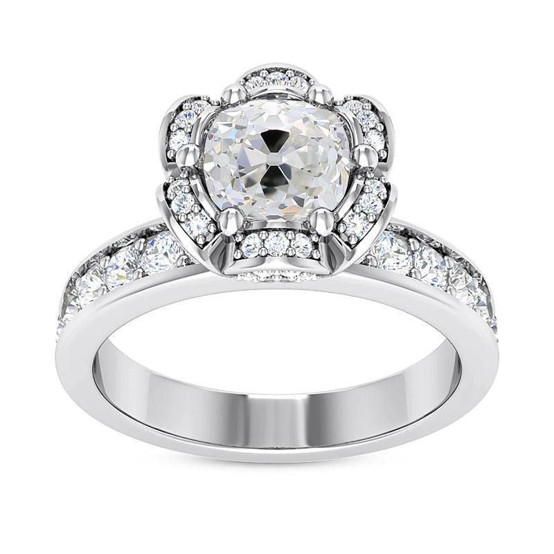 Halo Real Cushion Old Mine Cut Diamond Ring Flower Style 5 Carats