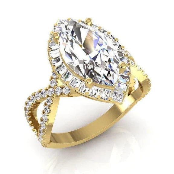 Halo Real Diamond Engagement Ring 6 Carats Marquise Center Yellow Gold 