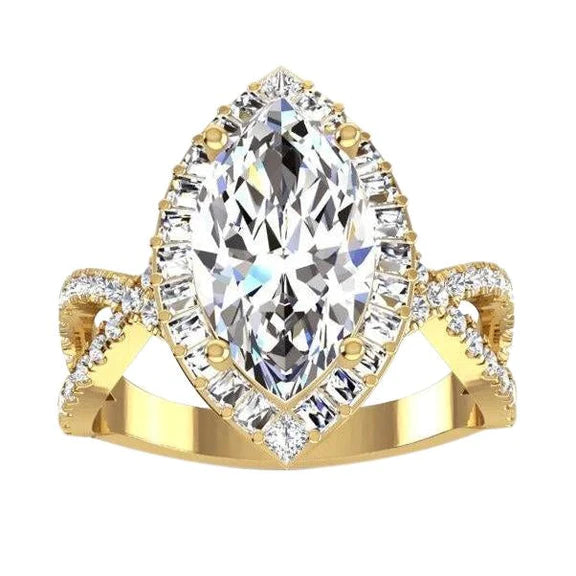 Halo Real Diamond Engagement Ring 6 Carats Marquise Center Yellow Gold 14K