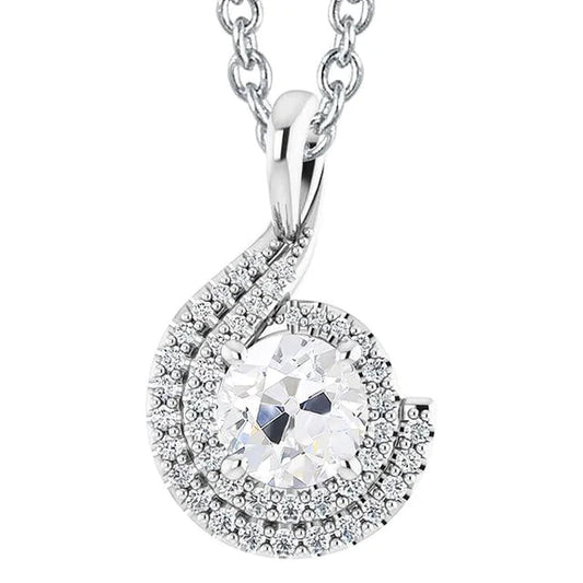 Halo Real Diamond Pendant Old Cut 4.50 Carats Curved Style White Gold 14K