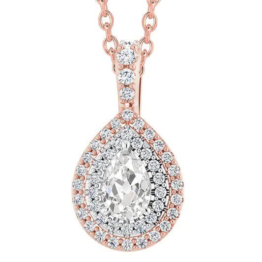 Halo Real Diamond Pendant Pear Old Mine Cut 6 Carats Two Tone 14K