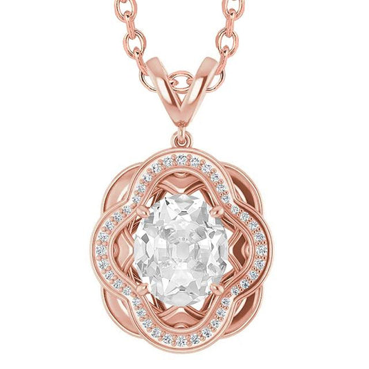 Halo Real Diamond Pendant Round & Oval Old Miner 4 Carats Rose Gold 14K