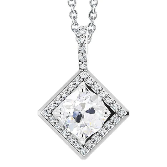 Halo Real Diamond Pendant With Chain Round Old Cut 4.50 Carats Gold 14K