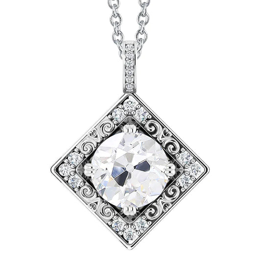 Halo Real Diamond Square Pendant With Chain Old Cut  Prong Set 4 Carats