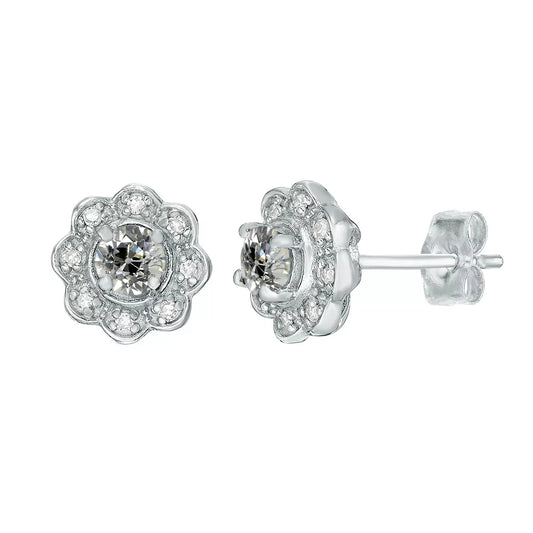 Halo Real Diamond Studs Flower Style Old Cut Earrings 4 Carats Push Backs