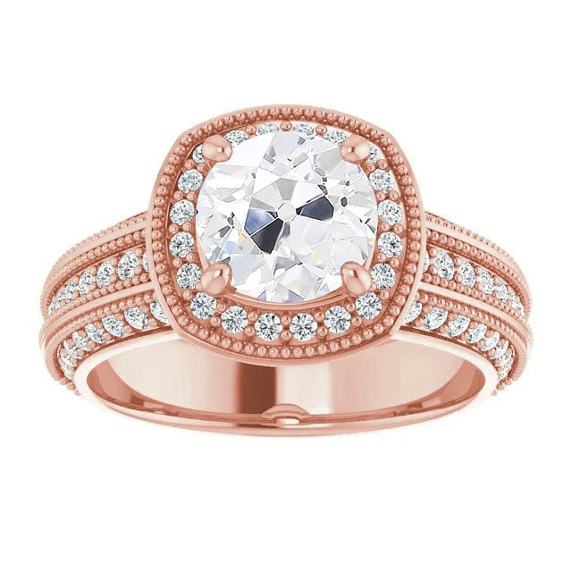 Halo Real Old Cut Round Diamond Ring Vintage Style 4.75 Carats Rose Gold