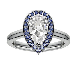 Halo Real Pear Old Miner Diamond Ring & Round Blue Sapphires 5 Carats