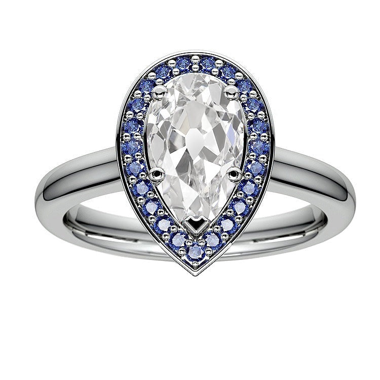 Halo Real Pear Old Miner Diamond Ring & Round Blue Sapphires 5 Carats
