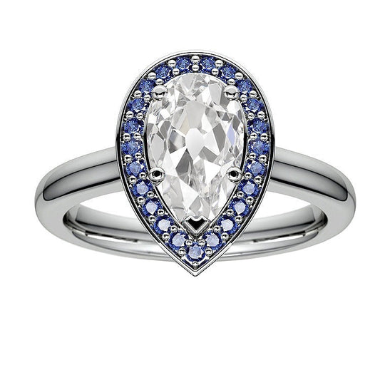 Halo Real Pear Old Miner Diamond Ring & Round Blue Sapphires 5 Carats