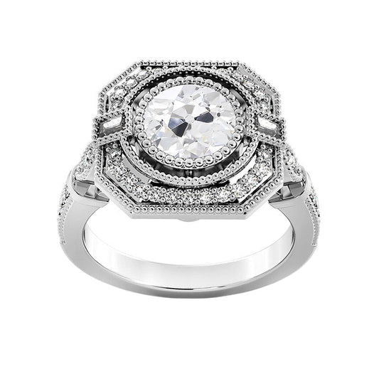 Halo Ring Baguette & Round Real Old Mine Cut Diamonds 3.75 Carats Milgrain