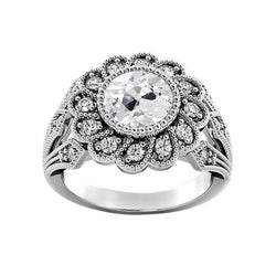 Halo Ring Bezel Set Round Genuine Old Miner Diamond Flower Antique Style 3.25 Carats