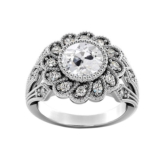 Halo Ring Bezel Set Round Genuine Old Miner Diamond Flower Antique Style 3.25 Carats