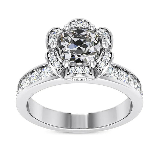Halo Ring Cushion Old Cut Real Diamond Ring Flower Channel Set 5 Carats